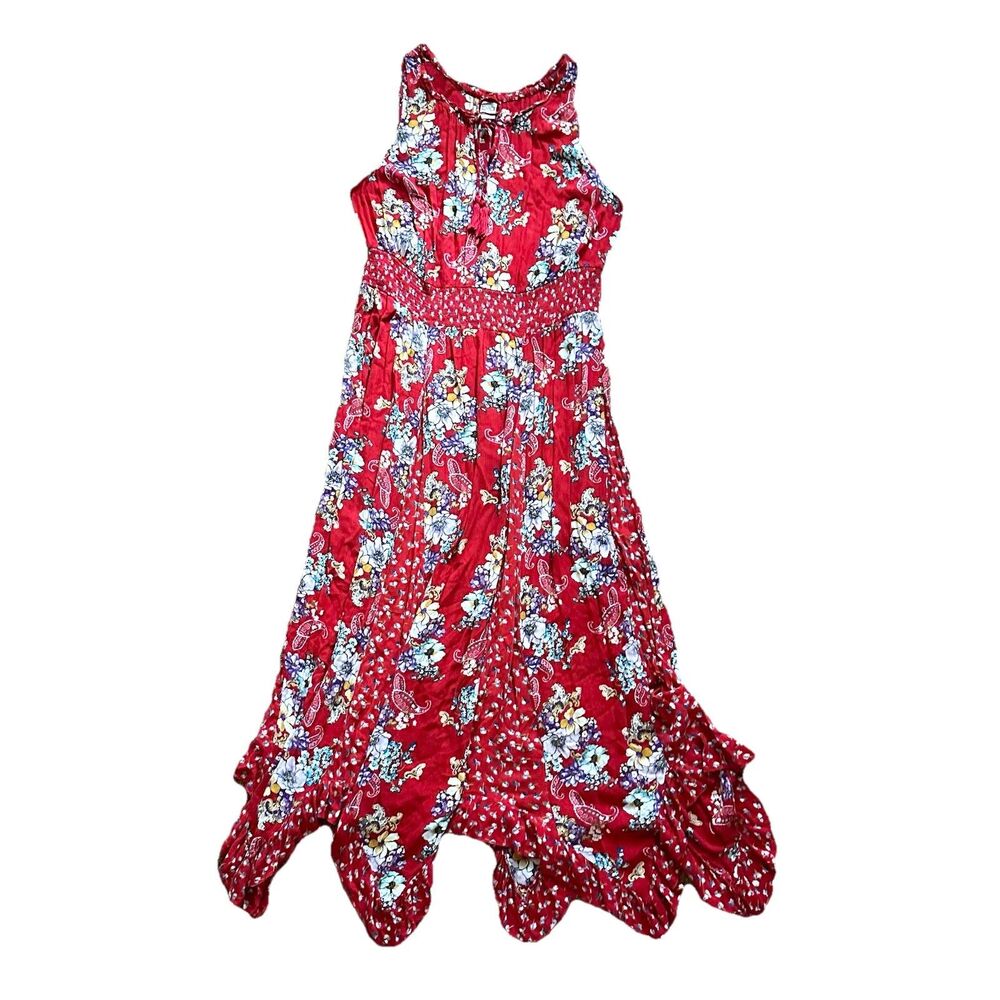 Bila Maxi Dress XL Sleeveless Red Floral Patchwork Boho Peasant Cottage Folk
